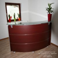 Ausstellungstheke 2 mahagoni silber 170 cm lang gebogen Glas